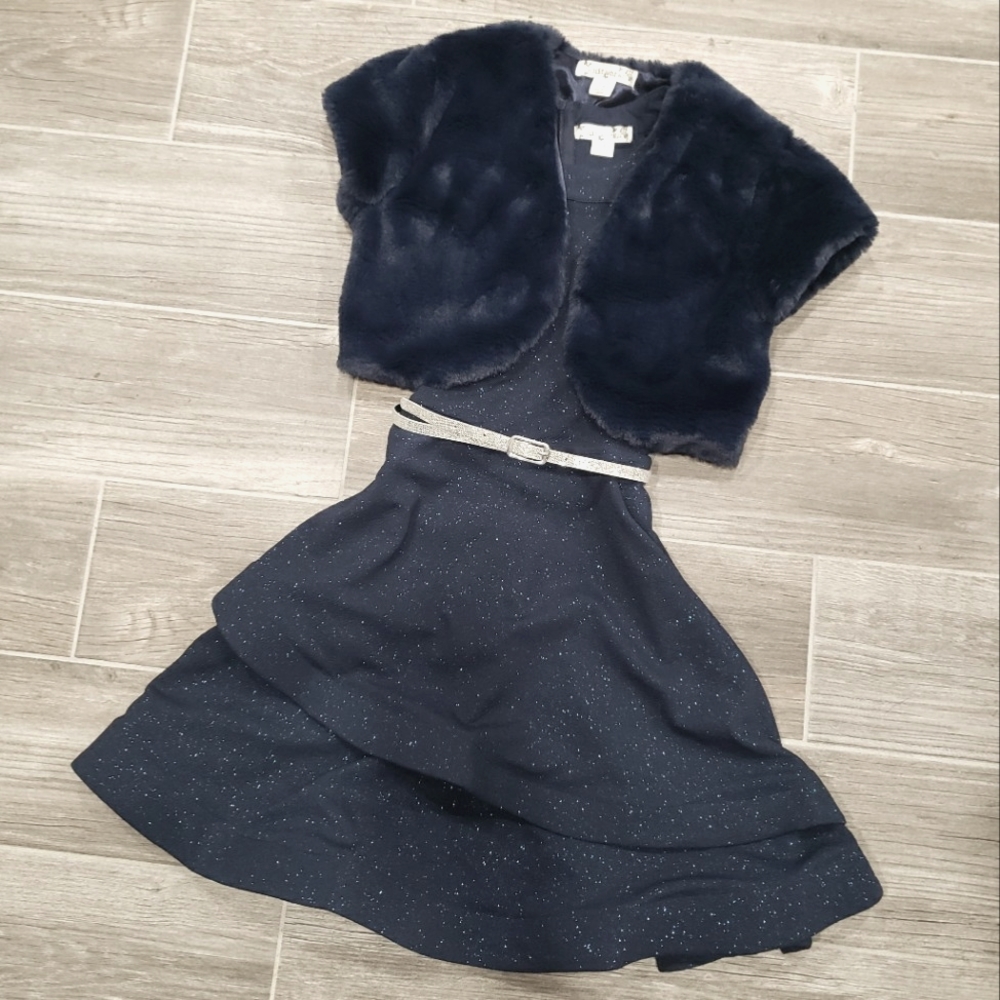 Girls size 12 navy blue sparkly dress with belt and jacket. ULN